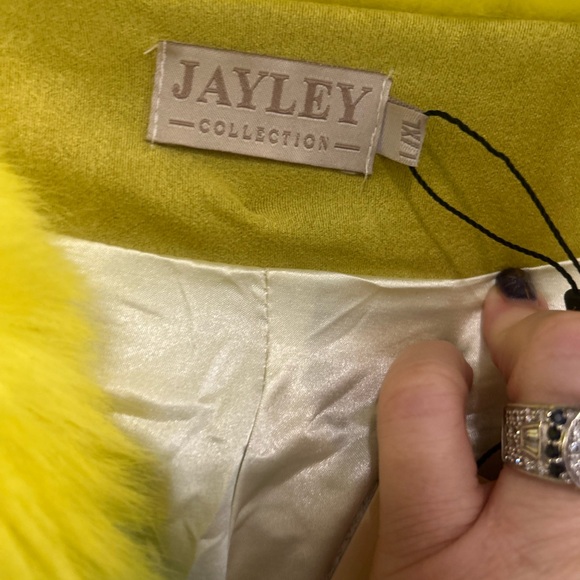 Womens Yellow and Blue Checkered Faux Fur Coat - Picture 2 of 5